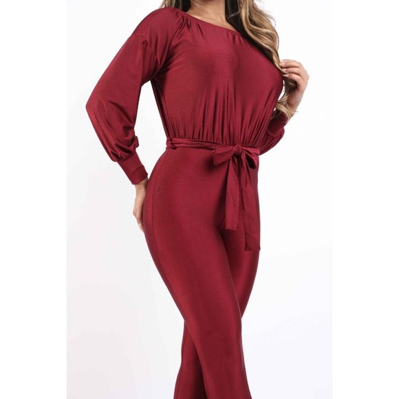 Women's Off Shoulder Shiny Yoga Jumpsuit Tie Waist Comfy Cute Black Burgundy - Picture 9 of 9